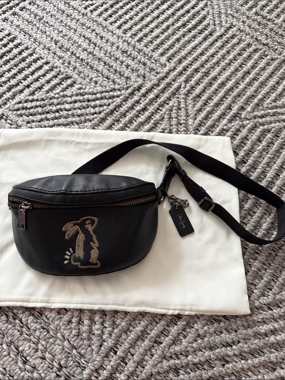 Coach Black Leather Crossbody Belt Bag with Tan Embroidered Bunny